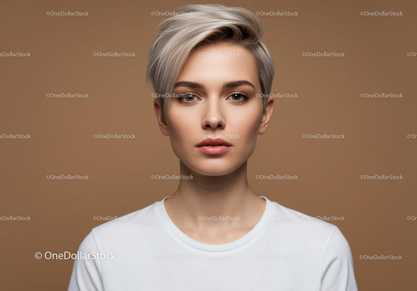 Modern Portrait of a Young Woman with Short Silver Hair and Natural Makeup