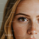 Close up of young woman with natural freckles and brown eyes
