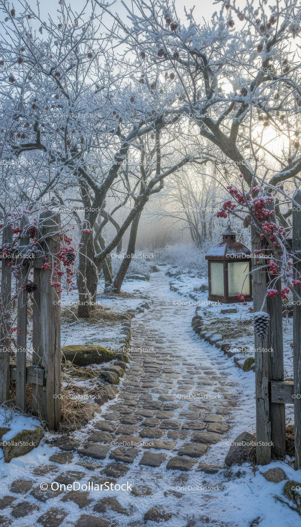 Frosty cobblestone path winding through winter garden