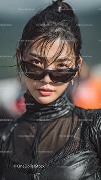 Confident Fashion Model in Sunglasses and Black Outfit