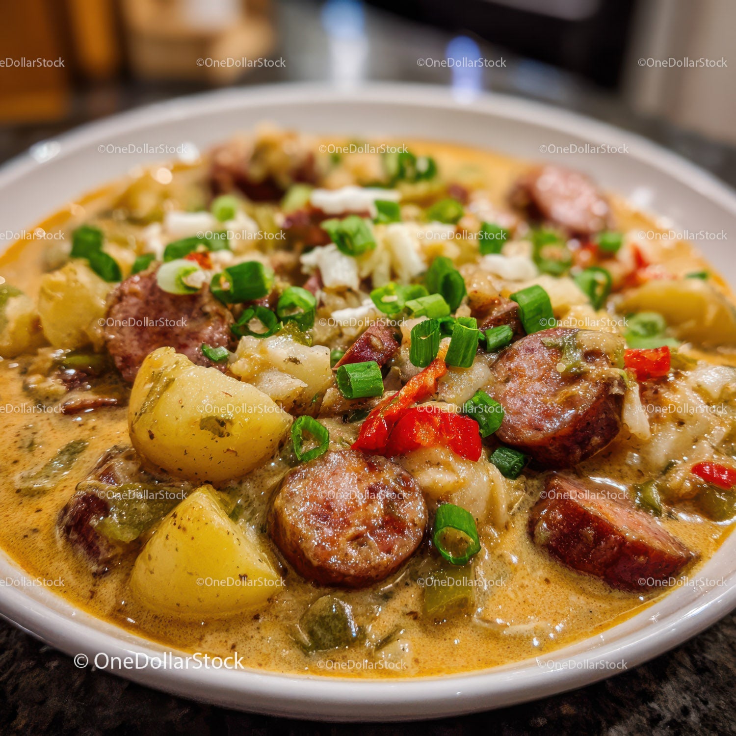 Hearty Sausage and Potato Stew with Green Onions and Red Bell Peppers