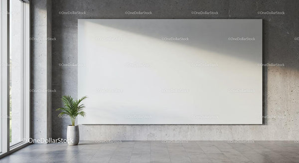 Minimalist room with blank canvas and potted plant JPG Mockup Image