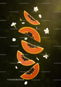 Fresh papaya slices with delicate white flowers floating