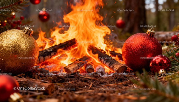 Warm Christmas fire with festive red and gold baubles