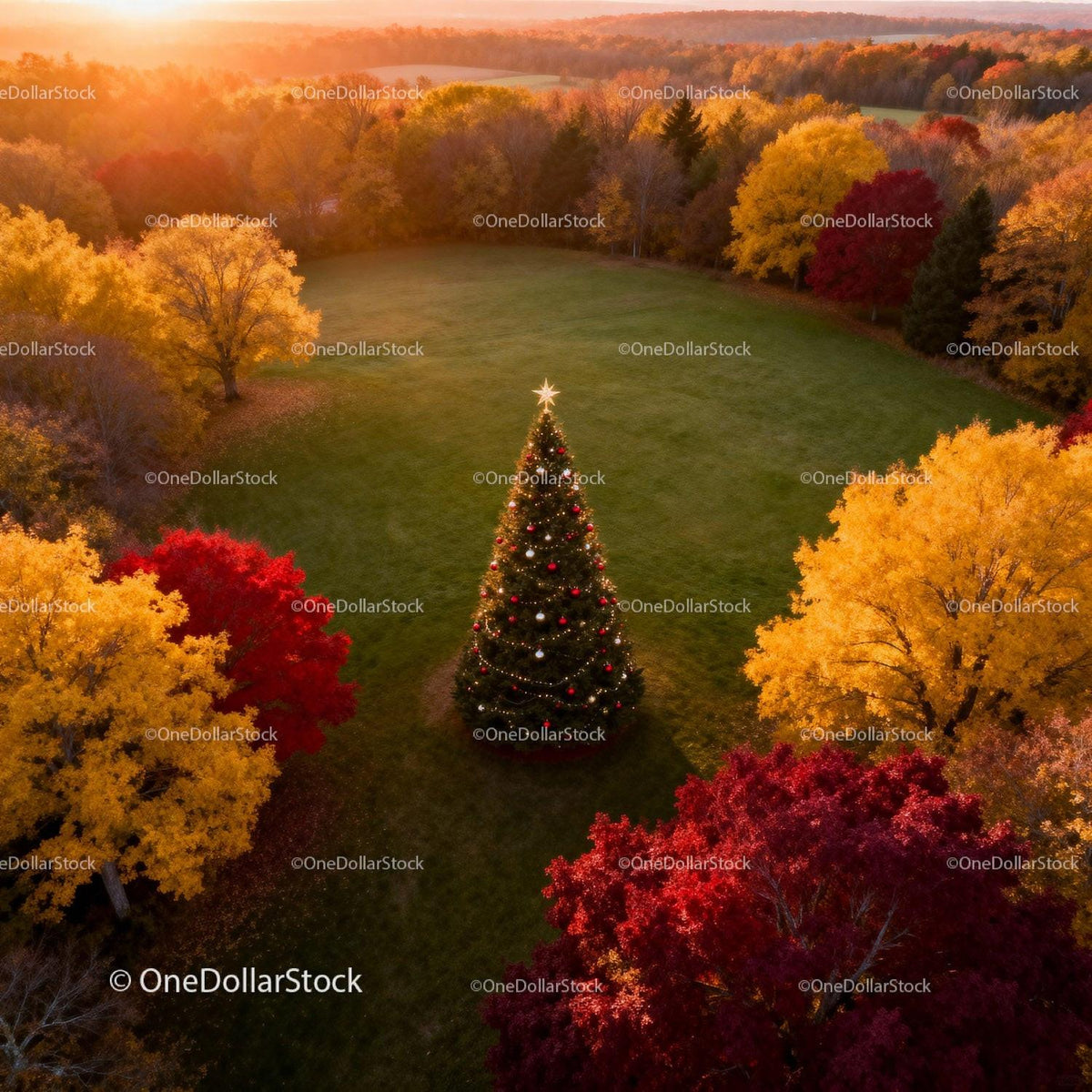 Decorated Christmas Tree Surrounded by Autumn Trees