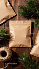 Natural Kraft Paper Packaging with Pine Branches on Wood JPG Mockup Image preview