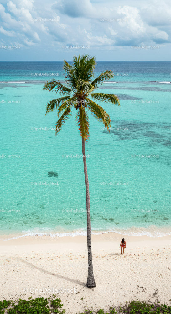 Lonely Traveler on a Tropical Beach Under a Palm Tree