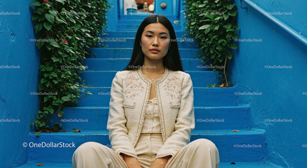 Chic Young Woman Sitting on Blue Stairs in Urban Environment