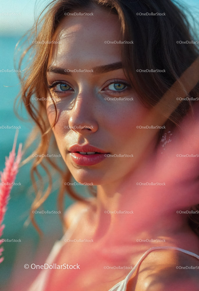 Close-up of a Young Woman with Blue Eyes and Summer Glow