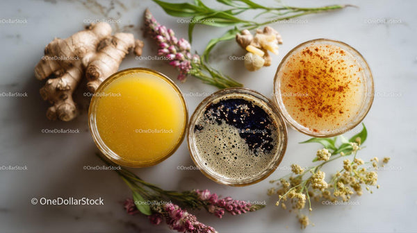 Herbaty ziołowe z imbirem i kurkumą ze świeżymi ziołami i składnikami organicznymi