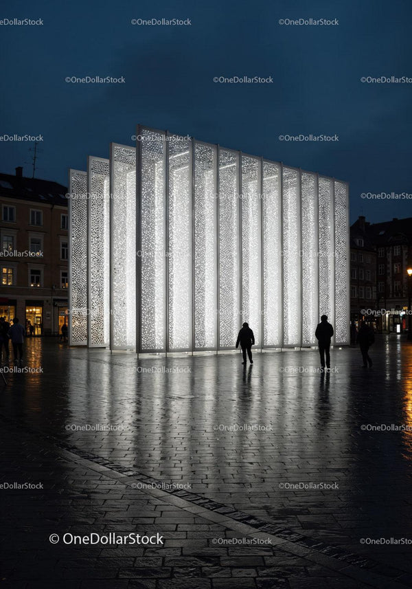 Illuminated Modern Building with Decorative Panels in Urban Scene JPG Mockup Image