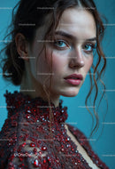 Elegant Woman with Blue Eyes in Red Embellished Dress for Fashion