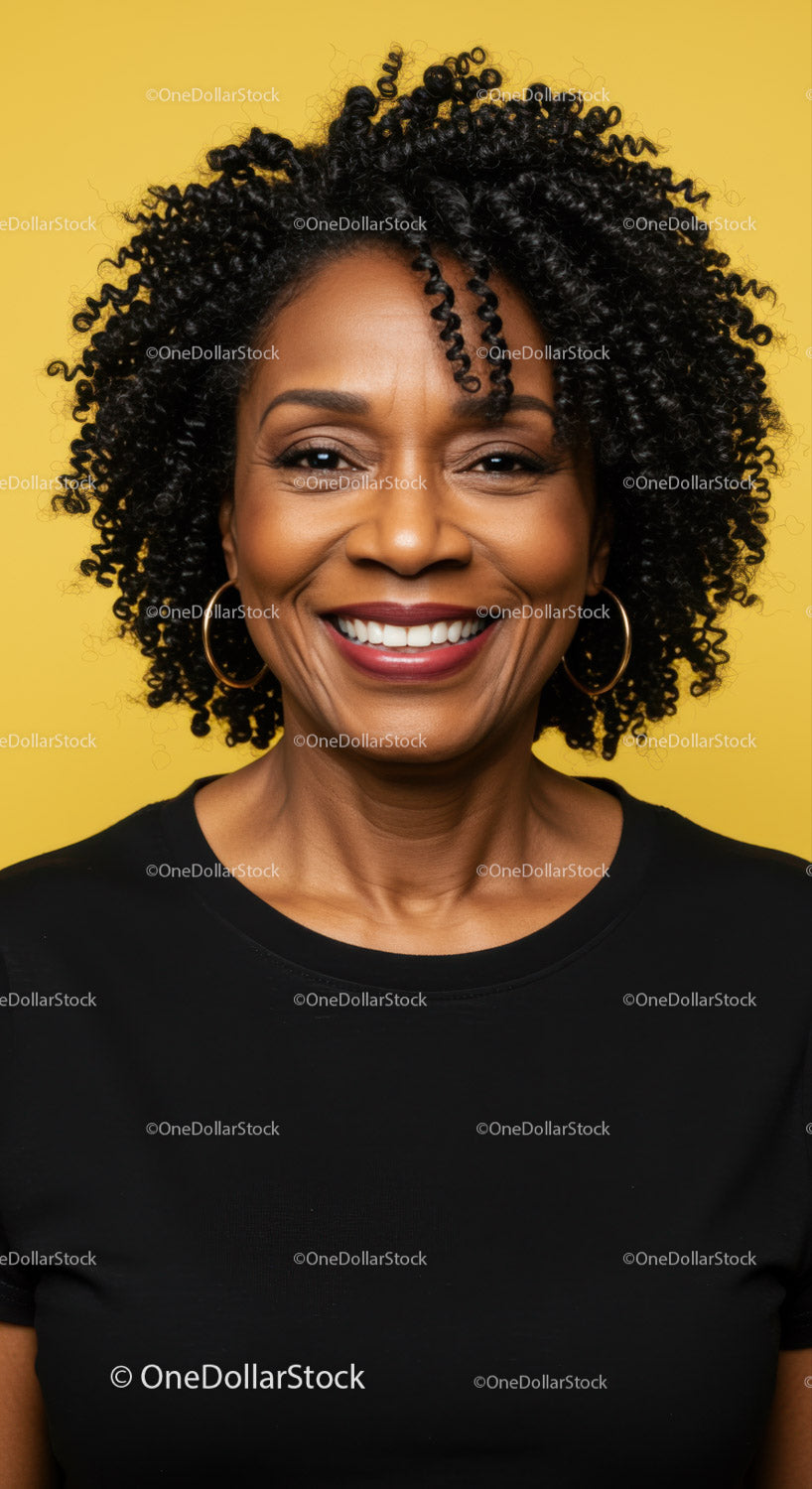 Joyful African American Woman with Curly Hair and Bright Smile