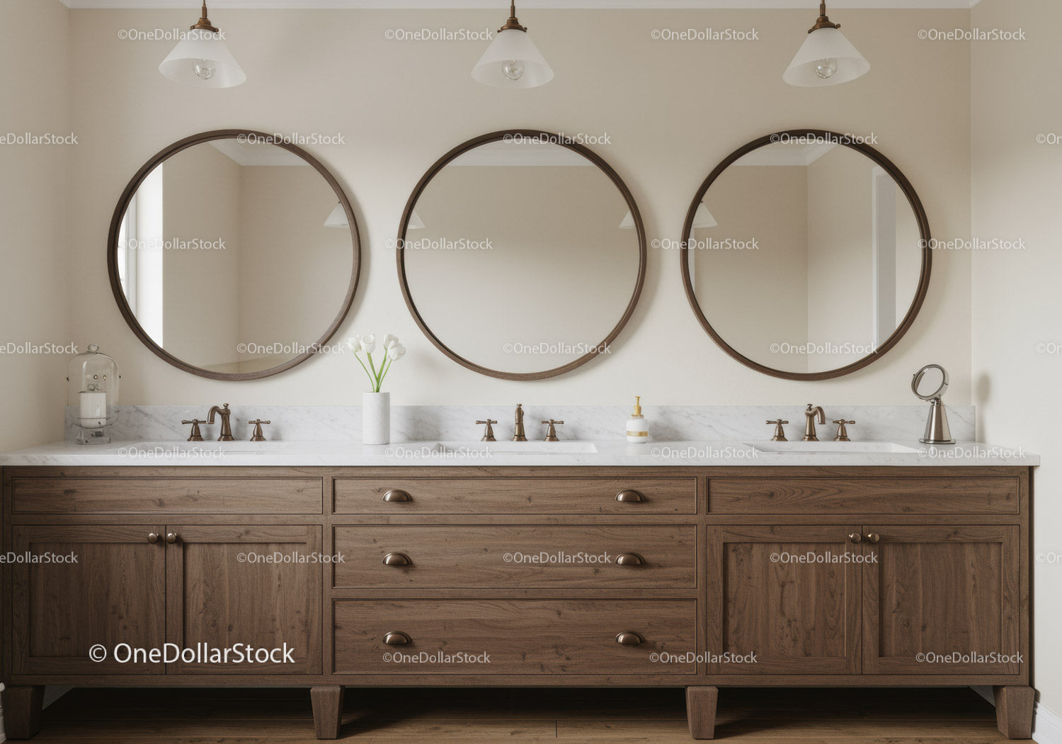 Elegancka toaletka łazienkowa z drewnianą szafką i okrągłymi lustrami