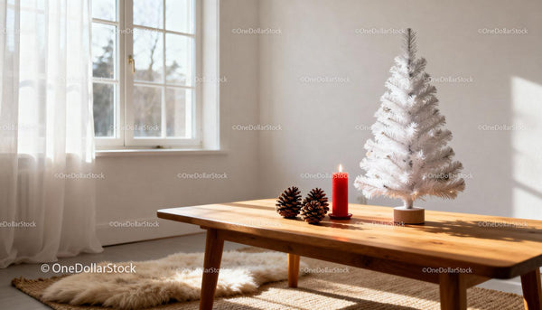 Cozy minimalist Christmas table with white tree and candle