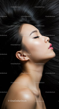 Profile of woman with sleek black hair and closed eyes