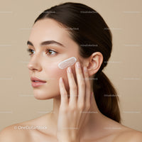 Young Woman Applying Skincare Cream with Relaxing Expression