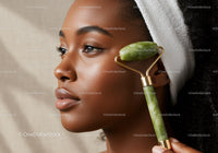Close-Up of Black Woman Using Jade Roller for Facial Massage