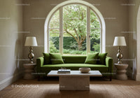 Cozy Living Room with Green Sofa and Garden View