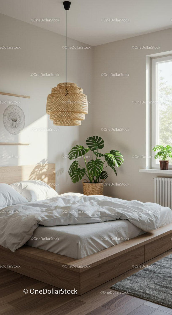 Minimalist bedroom with natural light and greenery