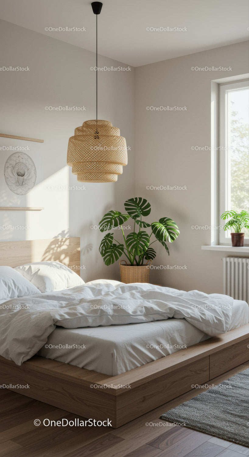 Minimalist bedroom with natural light and greenery