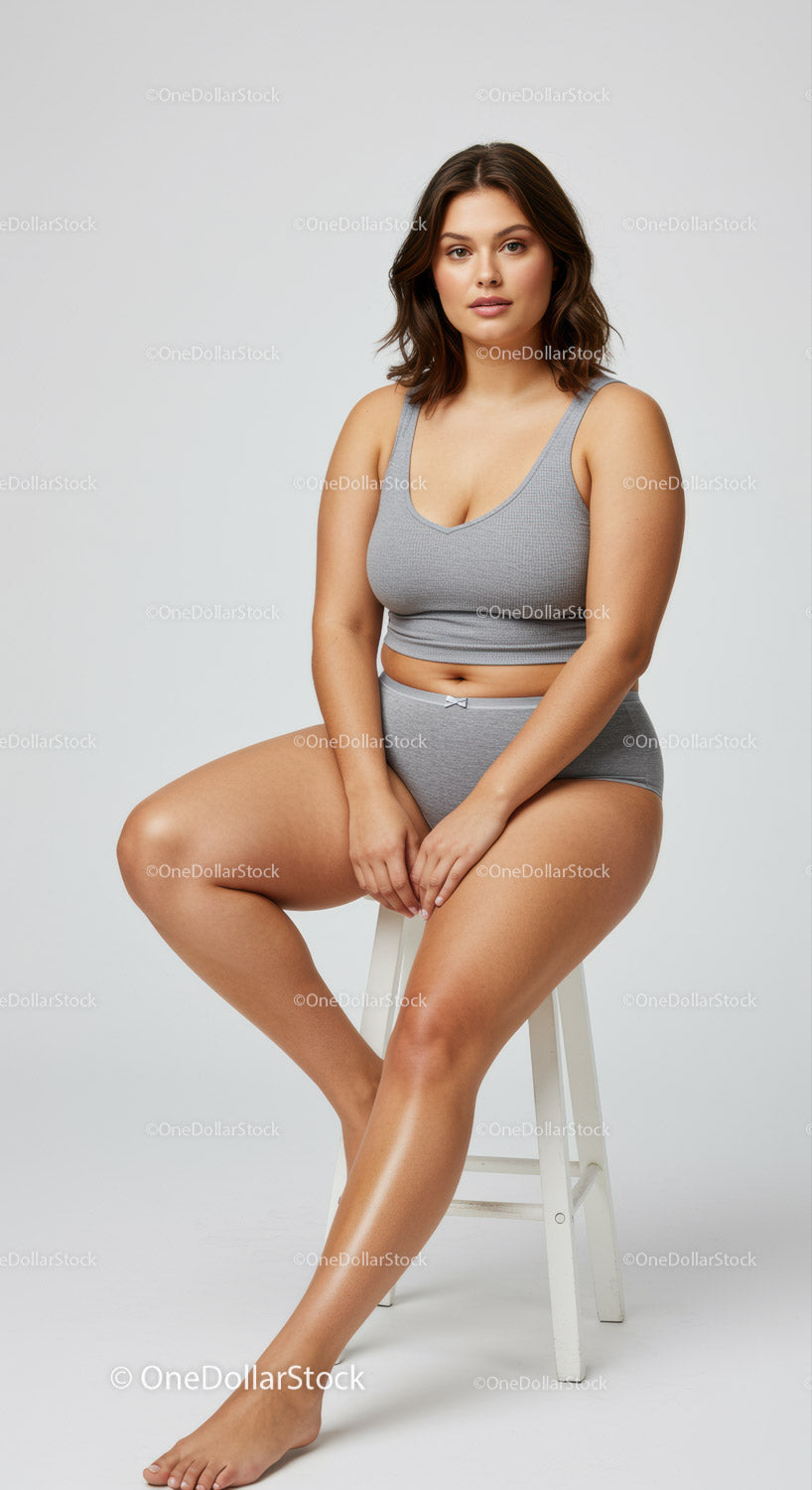 Confident Young Woman Sitting on Stool Wearing Casual Gray Outfit