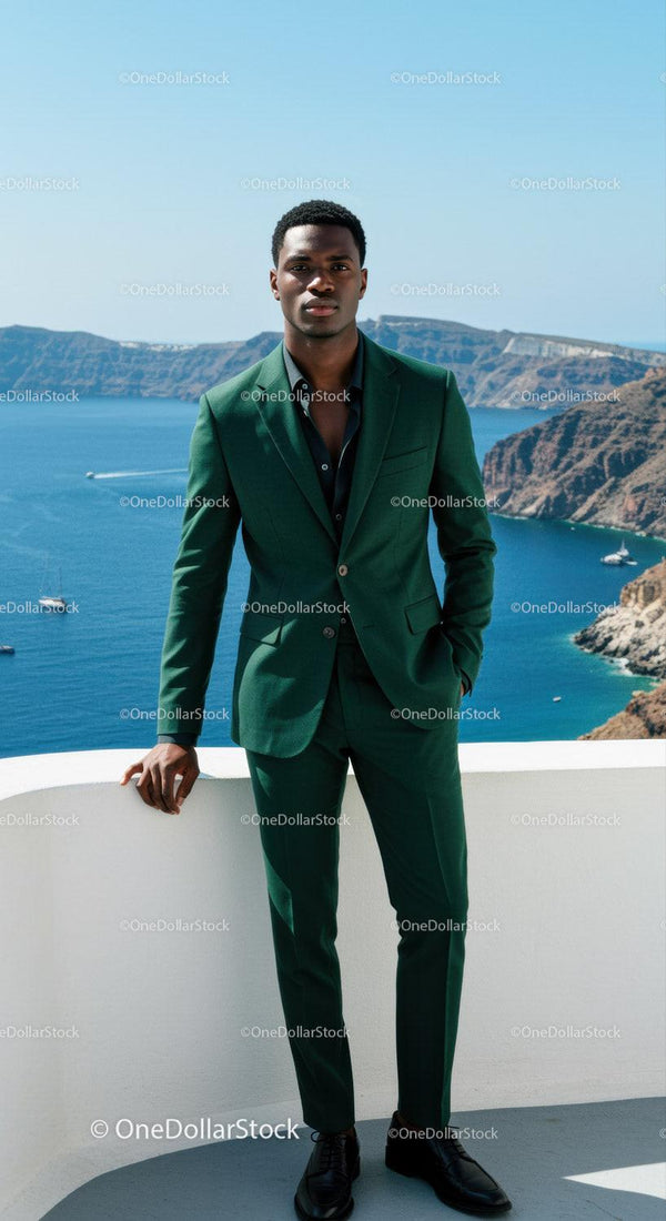 Young man in green suit standing by the sea cliff