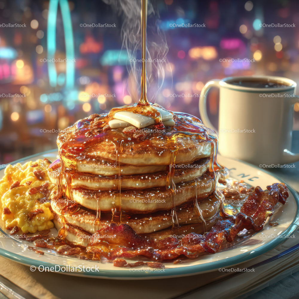 Sweet Pancakes with Bacon and Maple Syrup on a Breakfast Plate