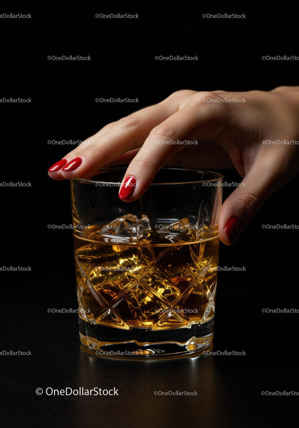 Woman's hand holding whiskey glass with ice cubes