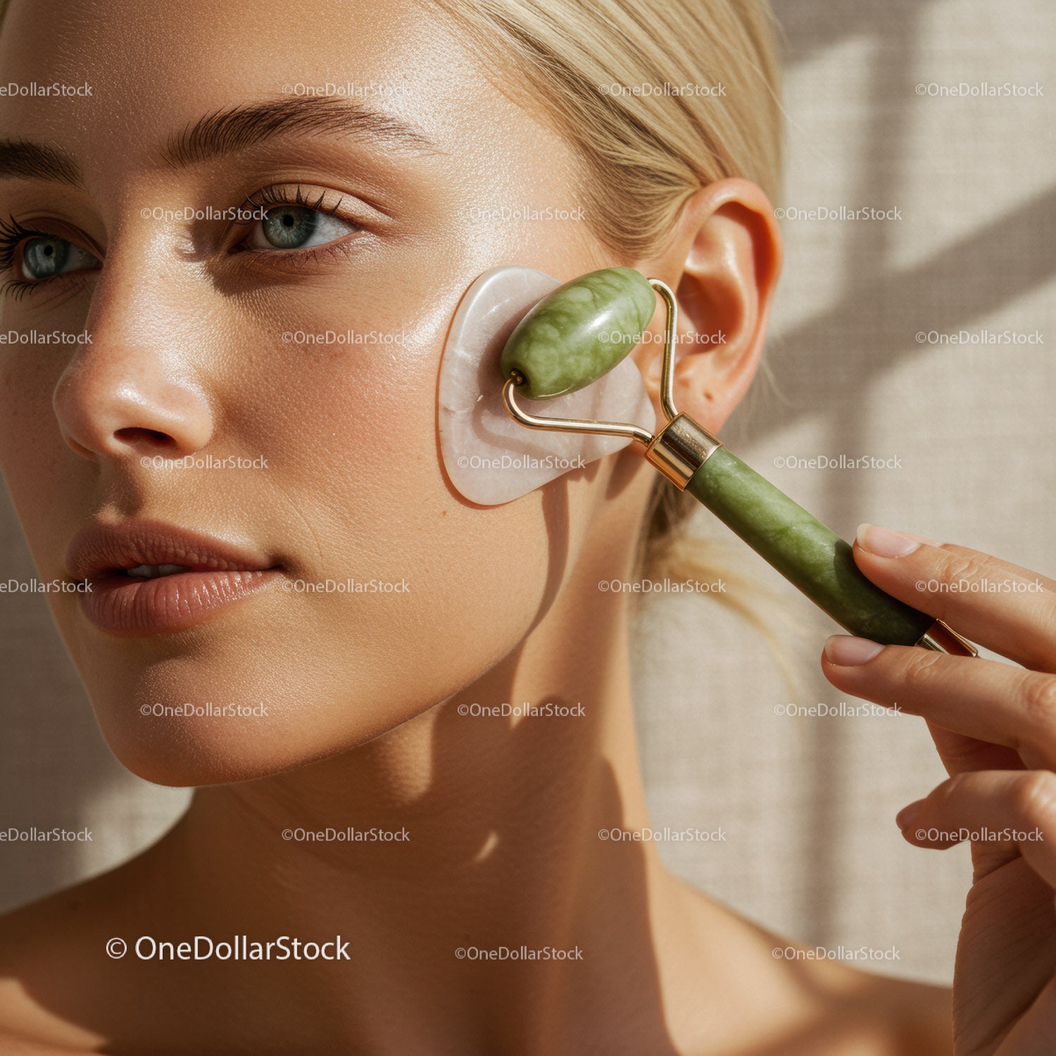 Woman Using Jade Roller for Facial Rejuvenation and Skin Care