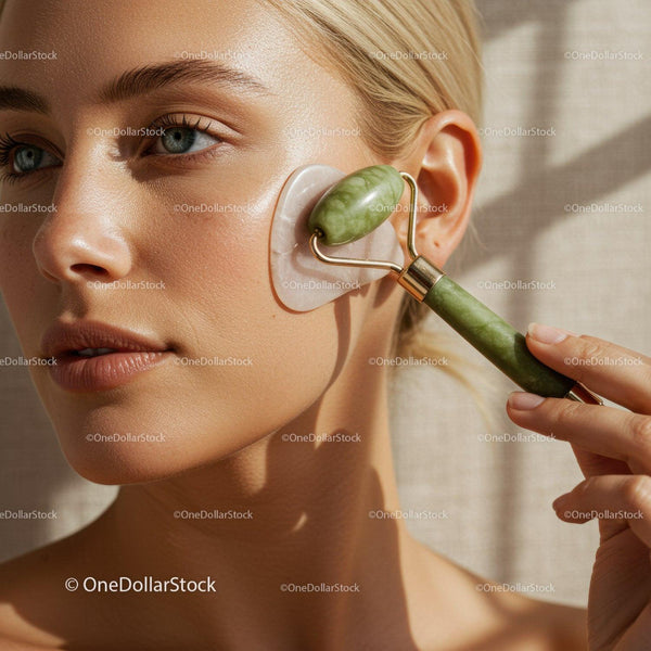Woman Using Jade Roller for Facial Rejuvenation and Skin Care
