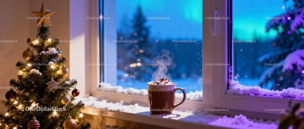 Cozy hot chocolate beside snowy winter window and Christmas tree