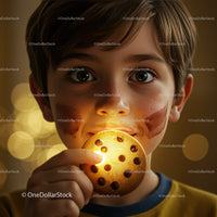 Young boy holding glowing cookie in warm light