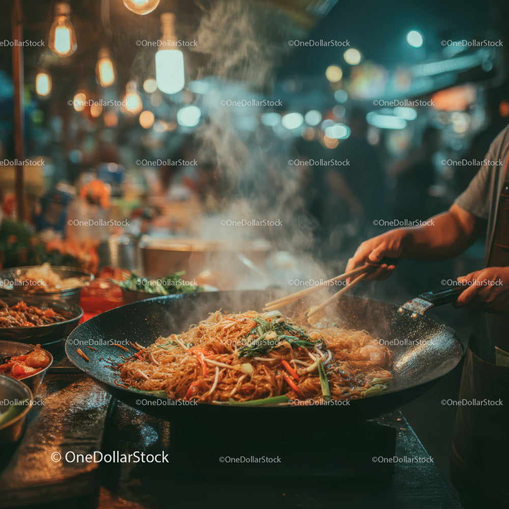 Stir-fried Noodles Cooking at Night Market in Vibrant Street Scene