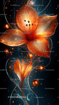 Glowing Abstract Orange Flower with Sparkling Particles