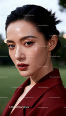 Confident woman with radiant skin in elegant red blazer