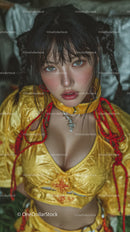 Young Woman in Vibrant Yellow Satin Top with Blue Eyes and Wet Hair