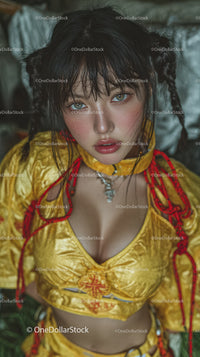 Young Woman in Vibrant Yellow Satin Top with Blue Eyes and Wet Hair