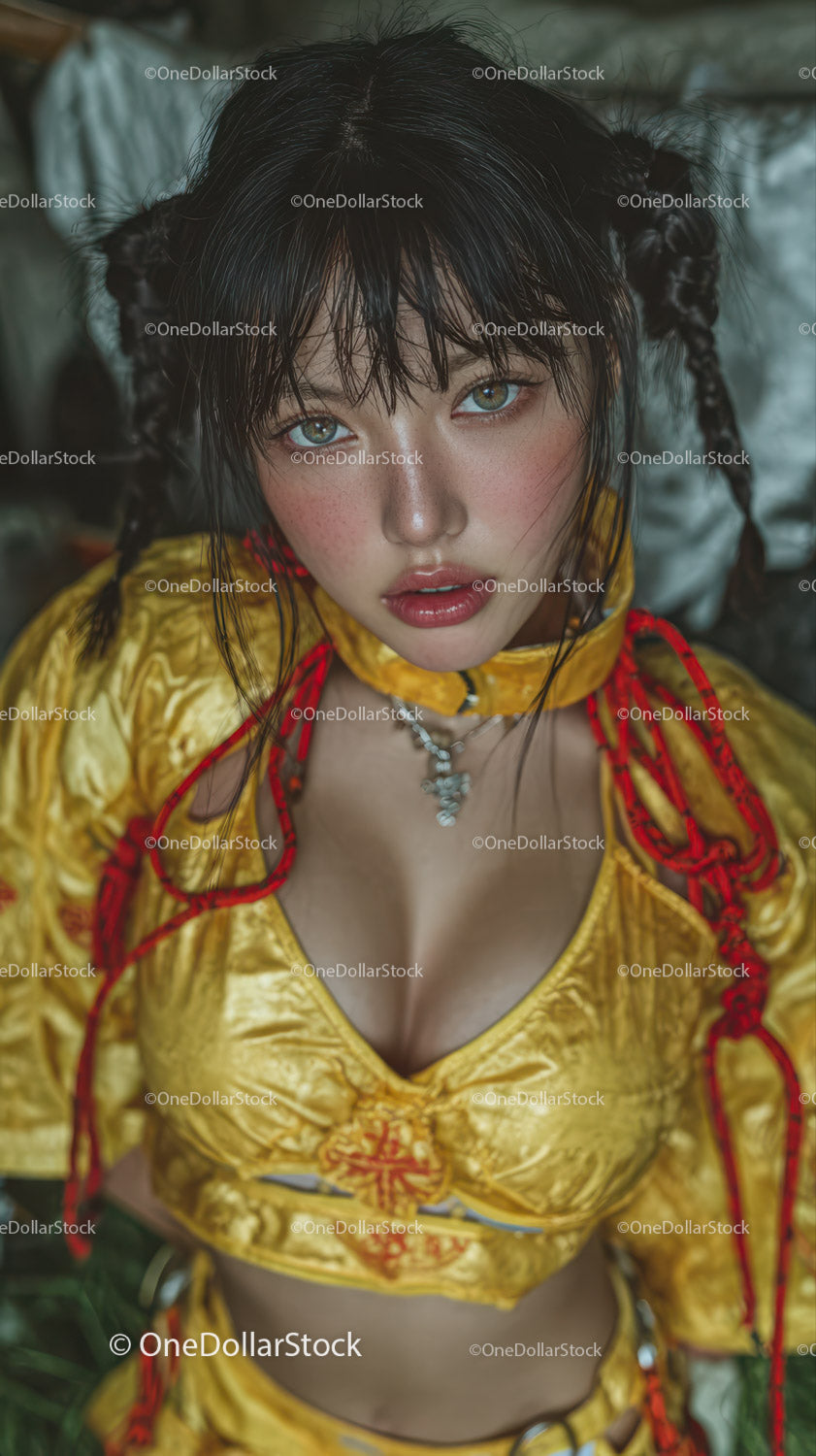 Young Woman in Vibrant Yellow Satin Top with Blue Eyes and Wet Hair