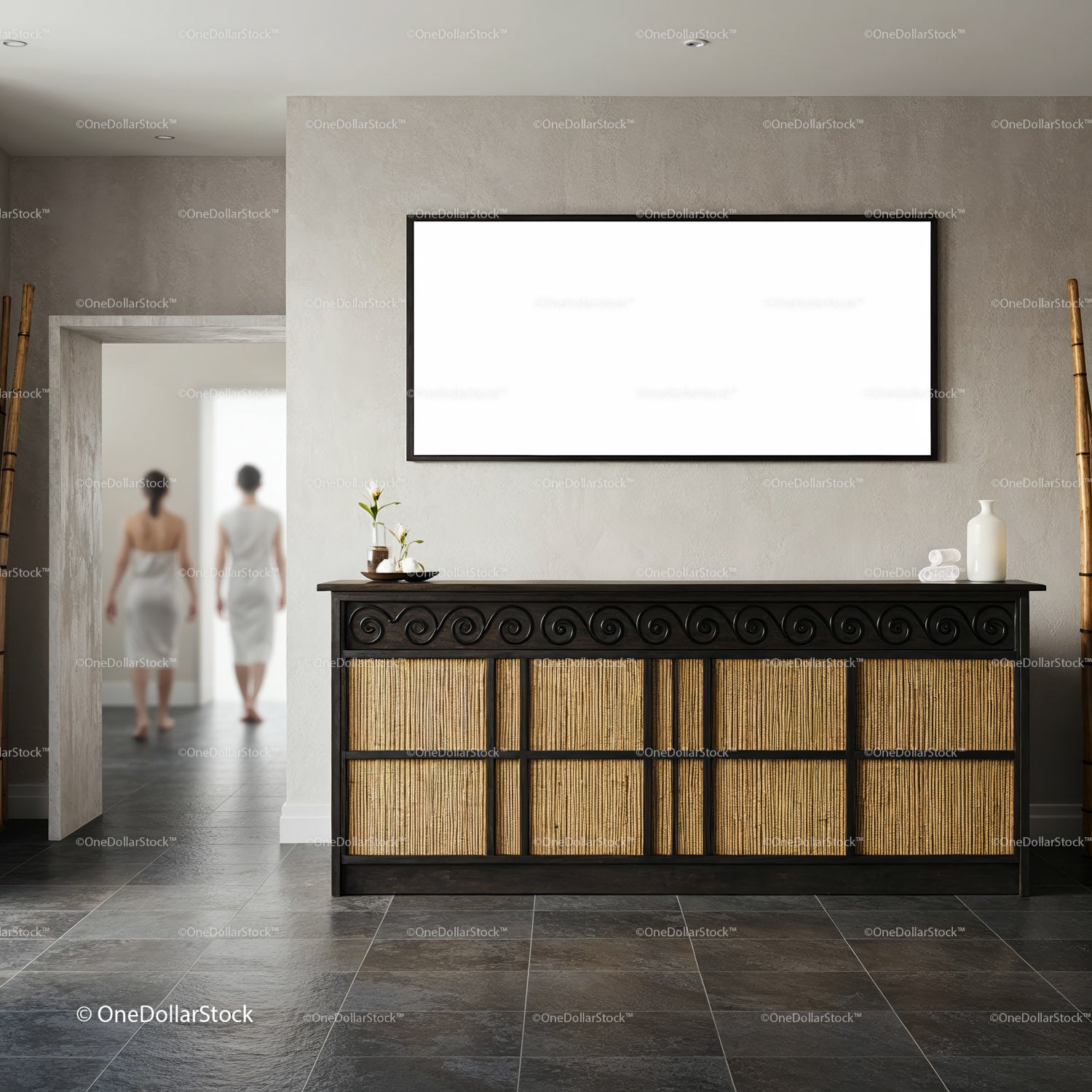 Minimalist spa reception with natural textures and calm tones
