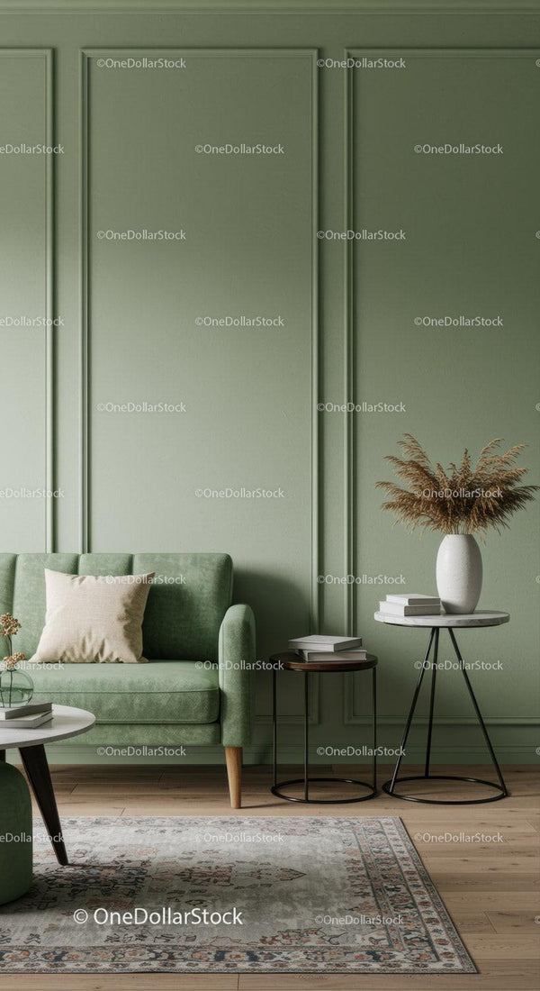 Green Living Room Decor with Cozy Sofa and Elegant Wall Molding