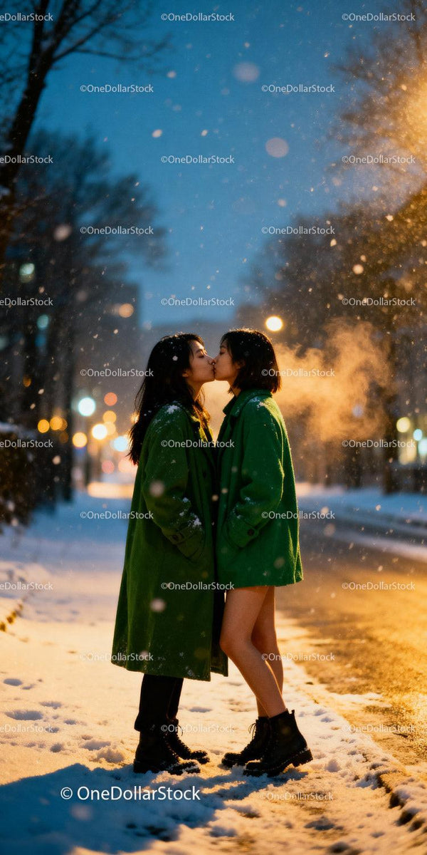 Couple sharing a tender kiss on snowy winter street