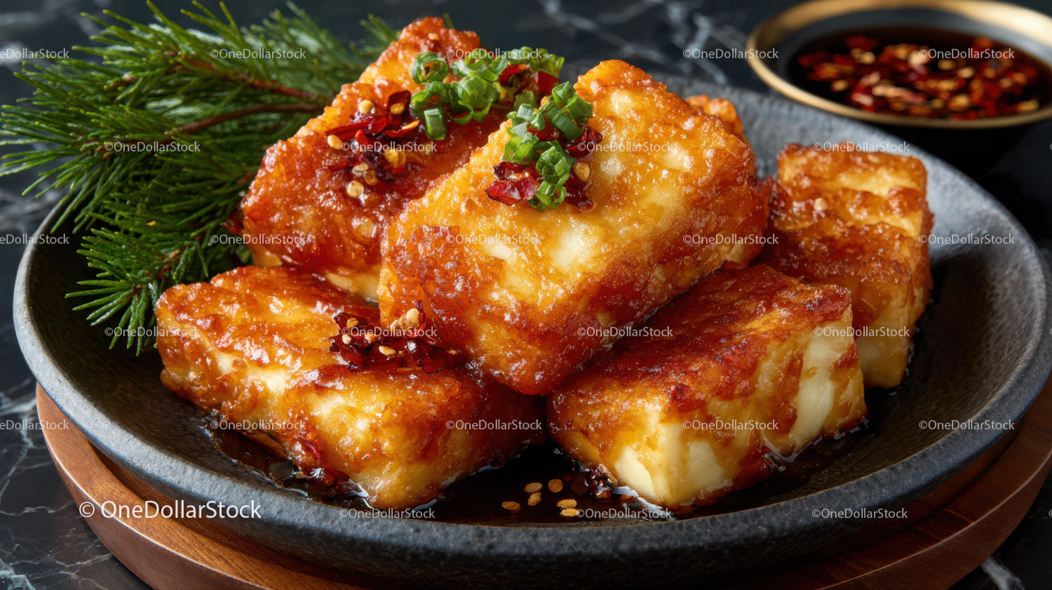 Crispy Fried Tofu with Spicy Dipping Sauce and Fresh Herbs