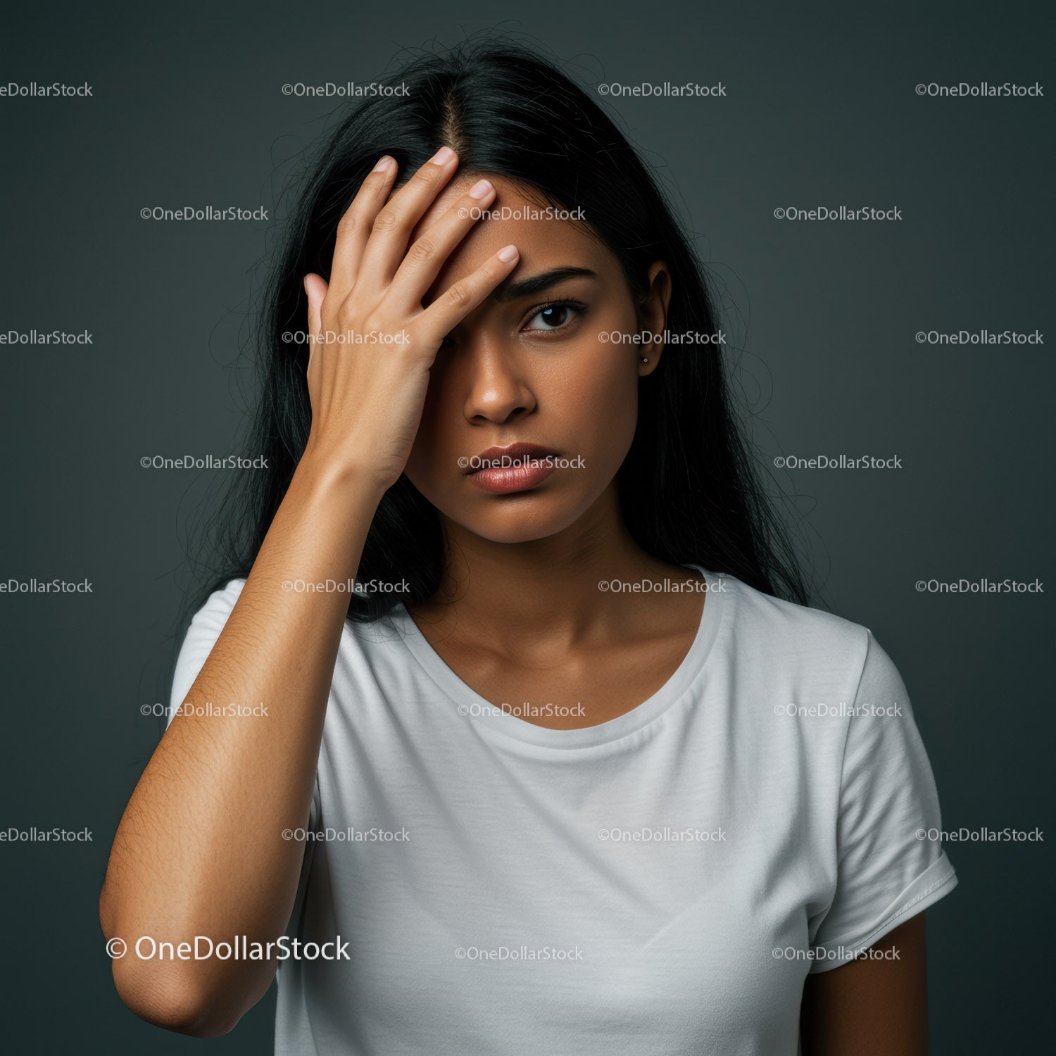 Expressive Woman Portrait with Serious Expression in Gray Background