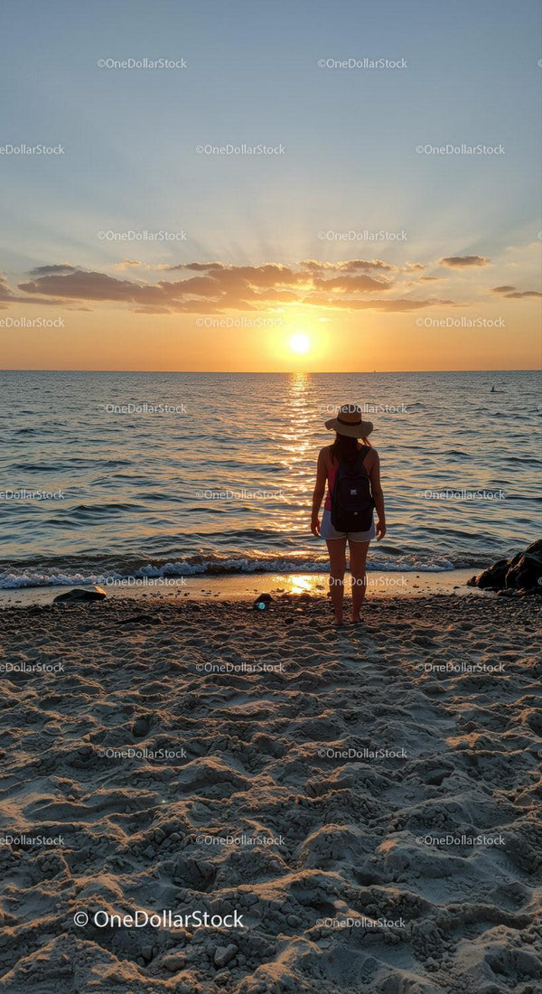 Woman enjoying peaceful sunset at calm sandy beach