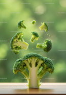 Fresh broccoli florets levitating above wooden surface