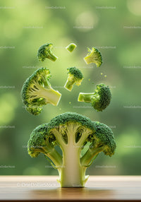 Fresh broccoli florets levitating above wooden surface