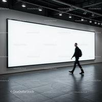 Man Walking Past Large Illuminated Blank Billboard Indoors