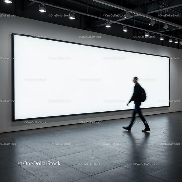 Man Walking Past Large Illuminated Blank Billboard Indoors JPG Mockup Image