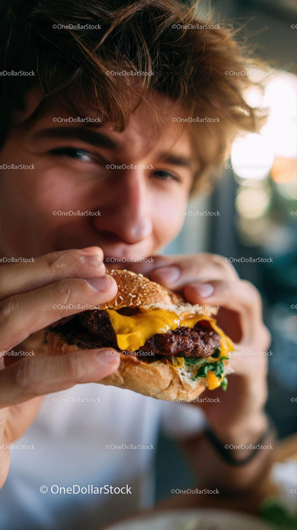 Young Man Eating Juicy Cheeseburger in Casual Dining Setting